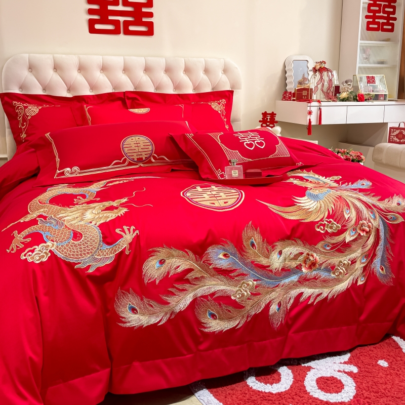 高档中式龙凤刺绣结婚四件套大红色被套纯棉全棉婚庆床上用品婚房