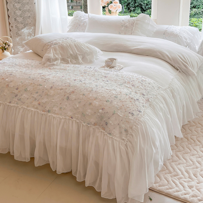 法式仙女加厚牛奶绒白色床上四件套冬季公主风蕾丝被套双面珊瑚绒