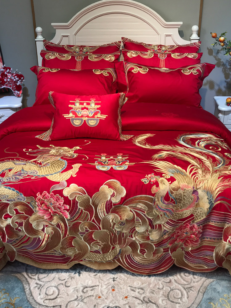 中式龙凤刺绣100支全棉床盖四件套红色被套结婚床单纯棉床上用品