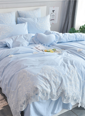 韩式蓝色100全棉蕾丝少女公主风床上四件套纯棉床裙高级床单被套4