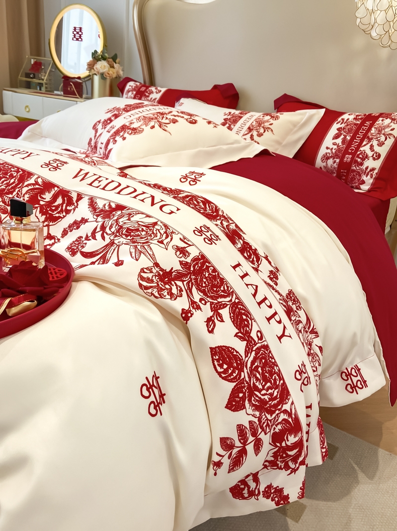 轻奢结婚四件套中式印花高级感红色被套喜庆新婚婚庆陪嫁床上用品