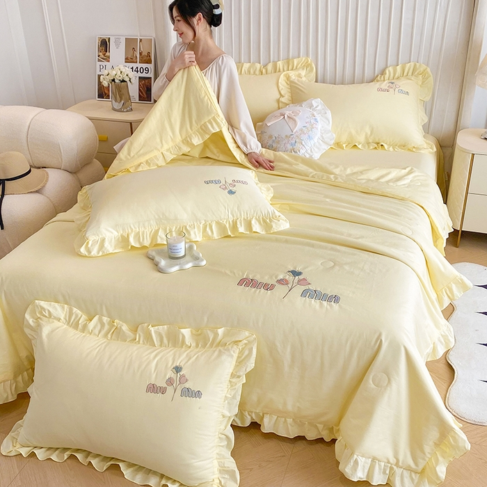 2024款韩版全棉色织水洗棉绣花公主风夏被四件套空调被床单枕套
