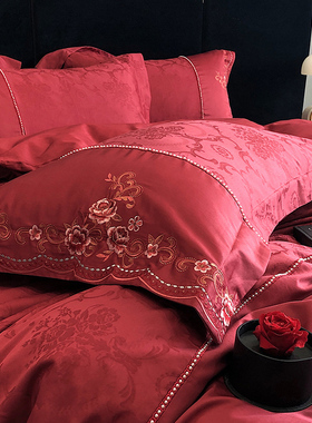 简约中式提花婚庆四件套全棉100支刺绣红色结婚被套床单床上用品