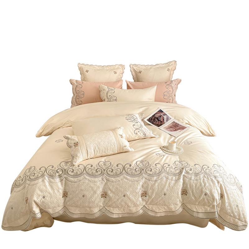 法式140支长绒棉四件套全棉纯棉蕾丝被套床单床上用品家纺奶油风