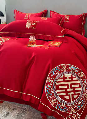高端中式100支新婚庆四件套大红色刺绣被套纯棉六件结婚床上用品4