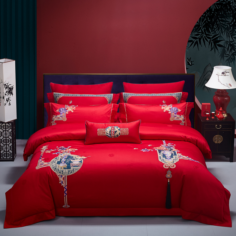 新中式全棉婚庆四件套婚房大红色喜被结婚六件套高支纯棉床上用品