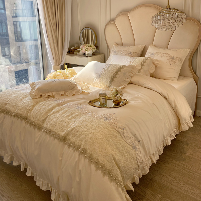 轻奢法式蕾丝四件套全棉高级感100支床笠款床上用品纯棉床单被套