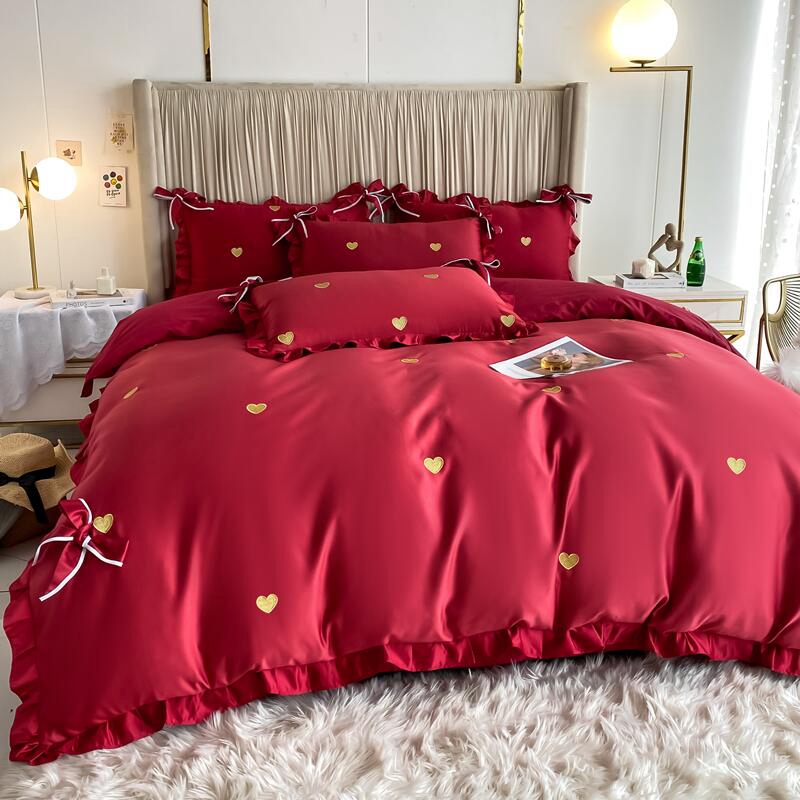 少女公主爱心刺绣婚庆四件套大红色床单被套全棉纯棉结婚床上用品