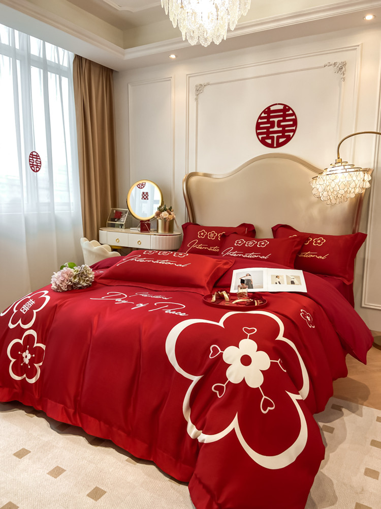 简约纯棉新婚庆四件套大红色床单被套全棉高档结婚床上用品备婚房