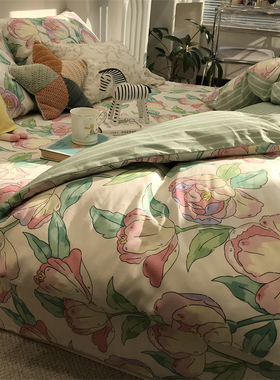 温馨田园风花卉床上四件套全棉纯棉文艺1.5m米被套床单三件套粉色