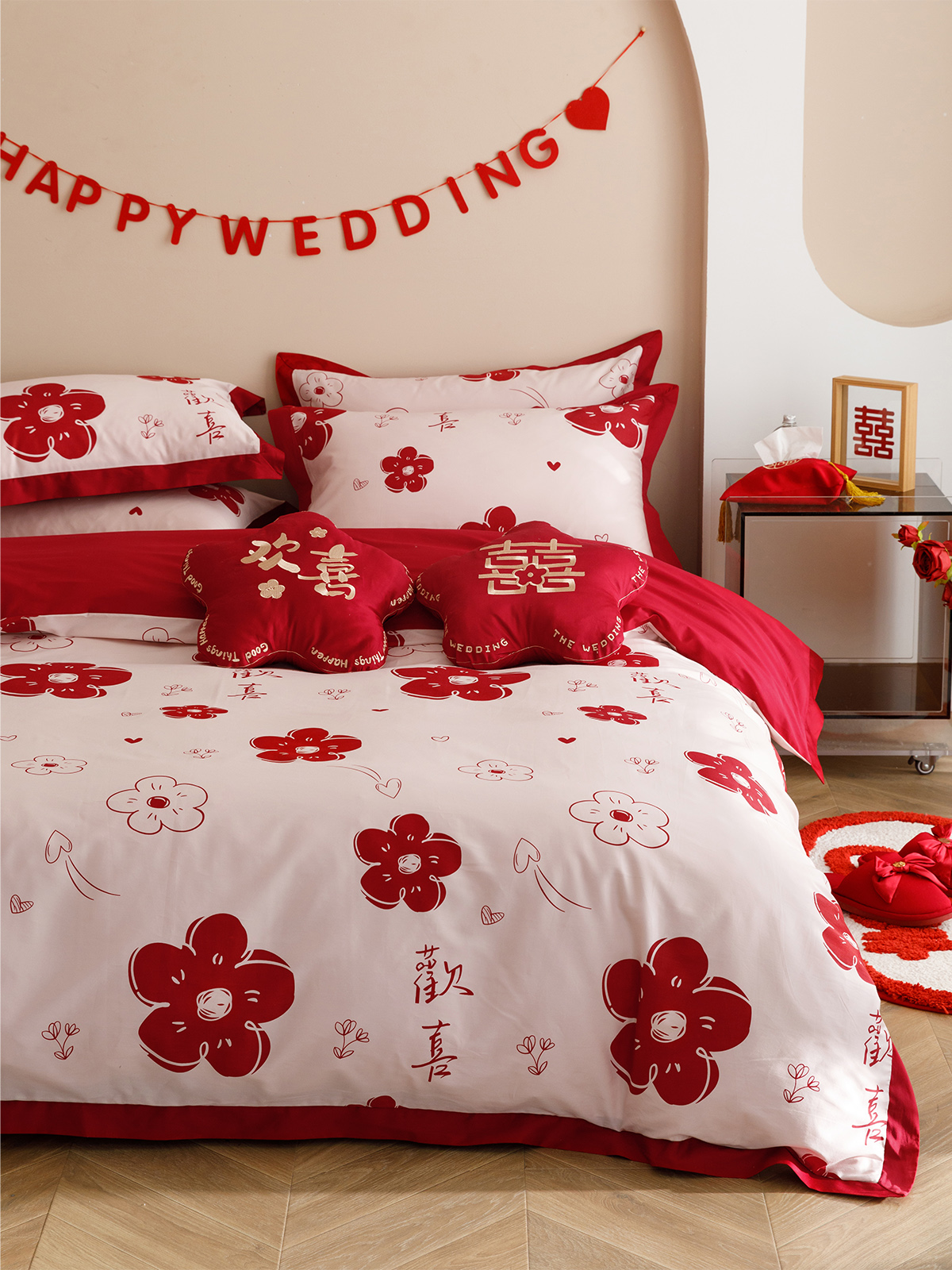 梦洁家纺新婚庆红色四件套全棉双面100s印花刺绣结婚被套纯棉床单