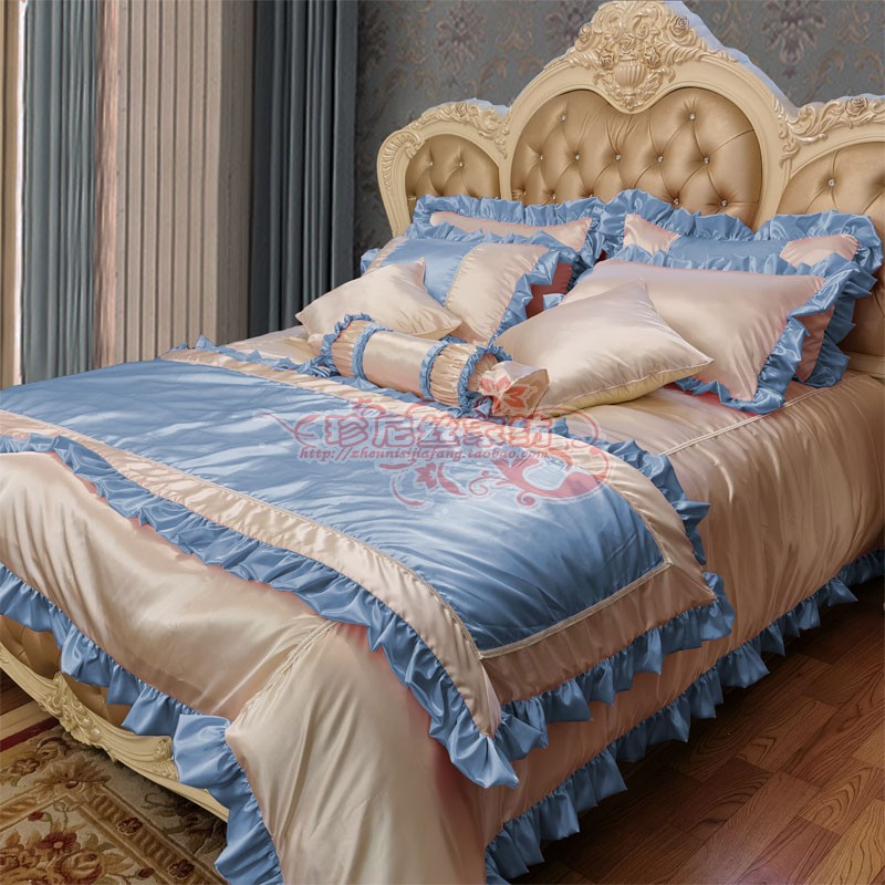 欧式床上用品蓝色奢华高档婚庆粉色样板间样法式板房床品四件套装