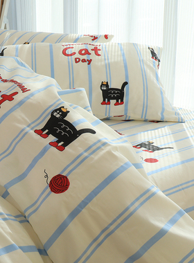 时髦小猫可爱夏季床单四件套全棉纯棉2024新款学生宿舍床上三件套