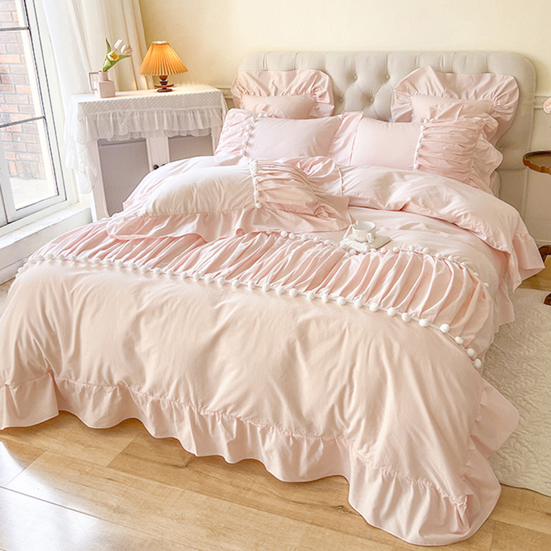 法式高级粉色全棉水洗棉床上四件套公主风纯棉床单荷叶边被套网红
