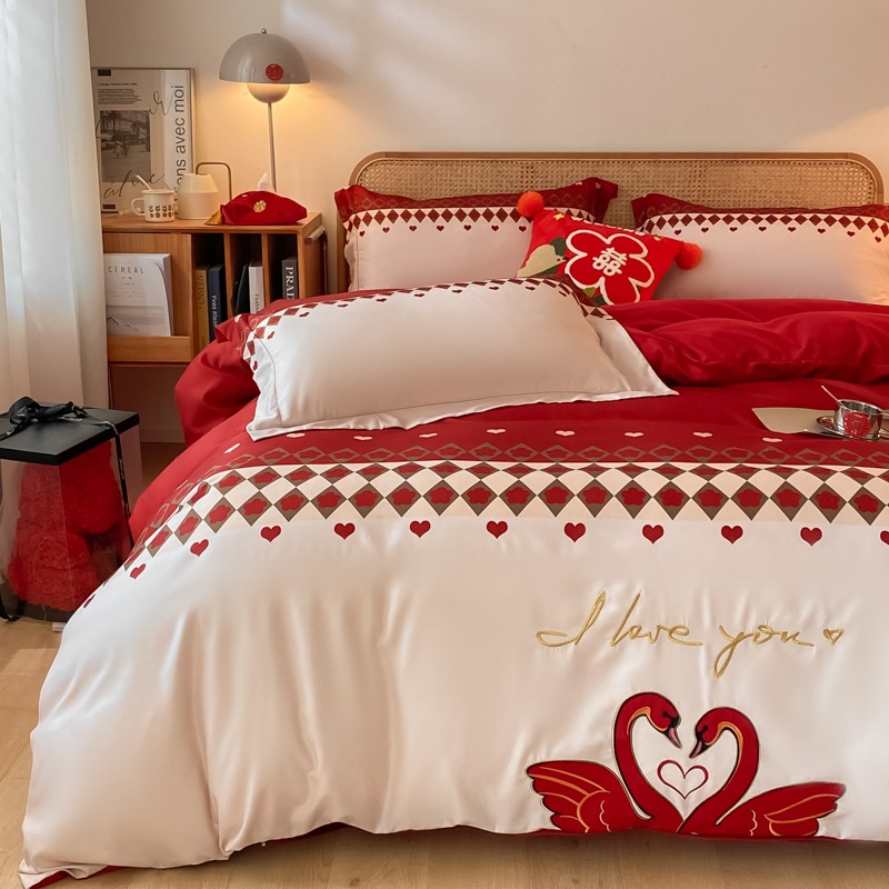 新中式婚庆四件套纯棉全棉100高档结婚大红被套南通床上用品喜被