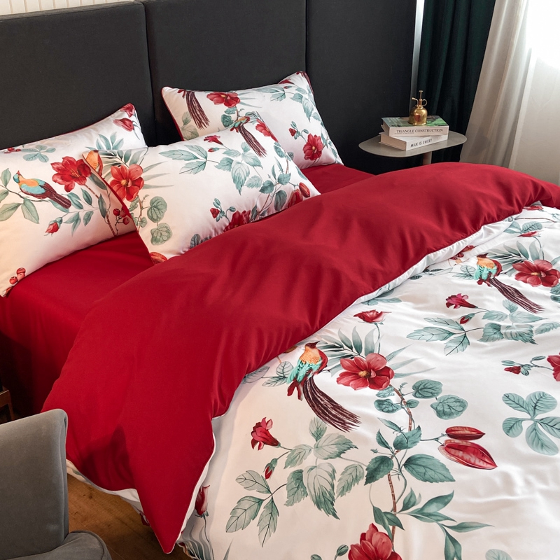 高档中式婚庆四件套大红色纯棉印花被套全棉结婚床单床笠床上用品