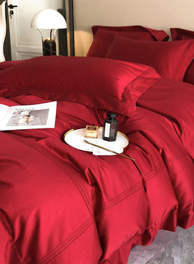 罗兰生活结婚床单婚嫁床上用品纯棉婚庆大红色100S长绒棉四件套
