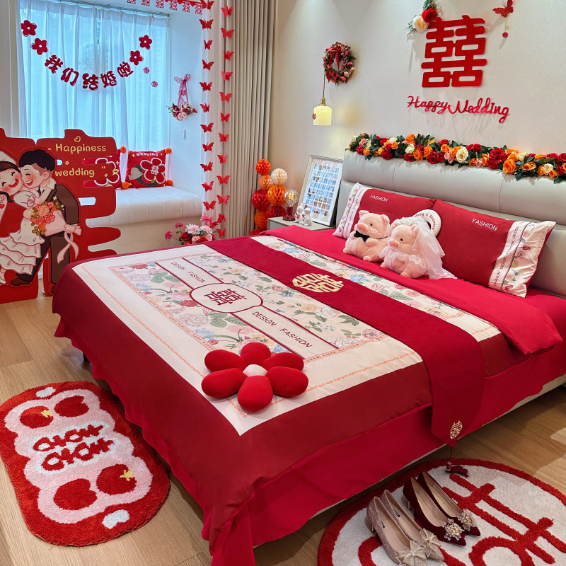 新中式100支结婚四件套大红色双喜被套床单喜被婚庆床上用品陪嫁
