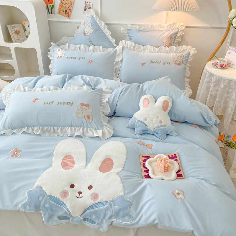 公主风可爱小兔子水洗棉四件套全棉裸睡床单纯棉卡通被套床上用品