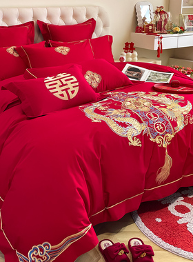 高档中式红色结婚四件套纯棉全棉刺绣被套床单六件套婚庆床上用品