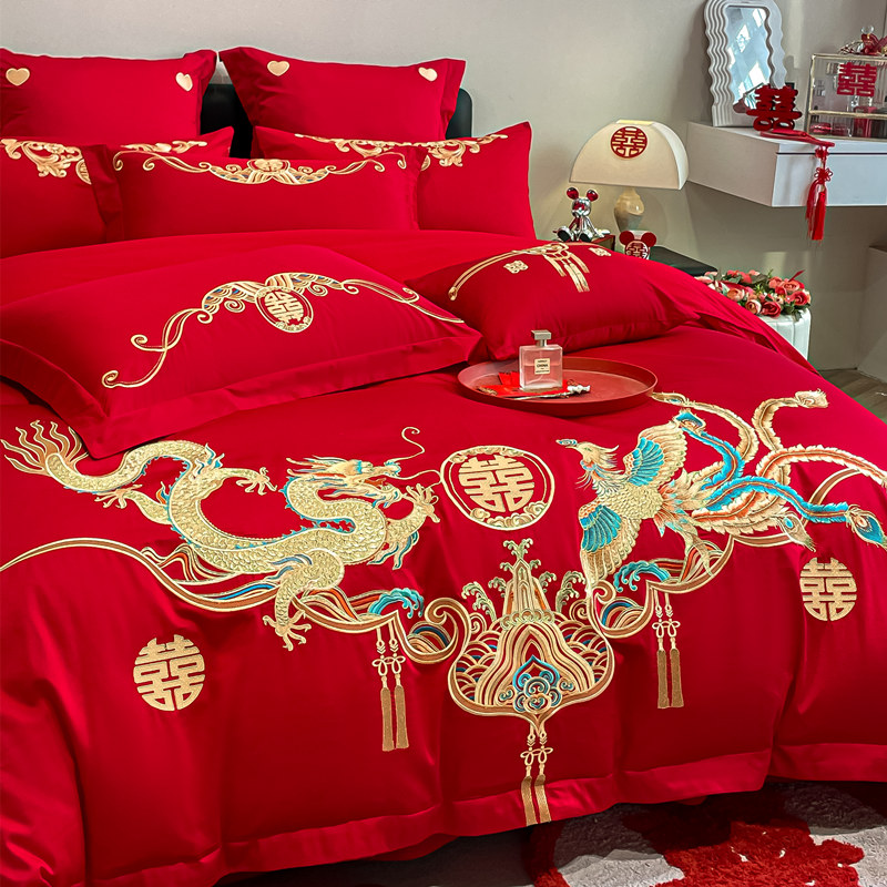 高档中式龙凤刺绣结婚四件套红色被套纯棉婚庆床上用品婚房六件套