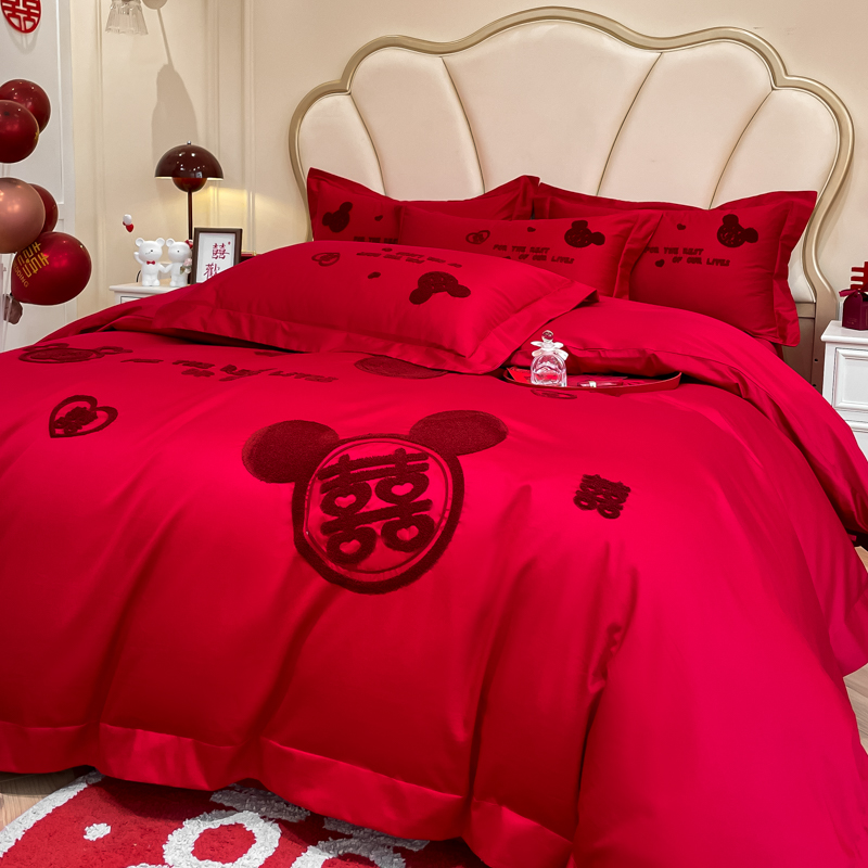 高档中式喜字结婚四件套大红色床单被套纯棉婚庆床上用品婚房陪嫁