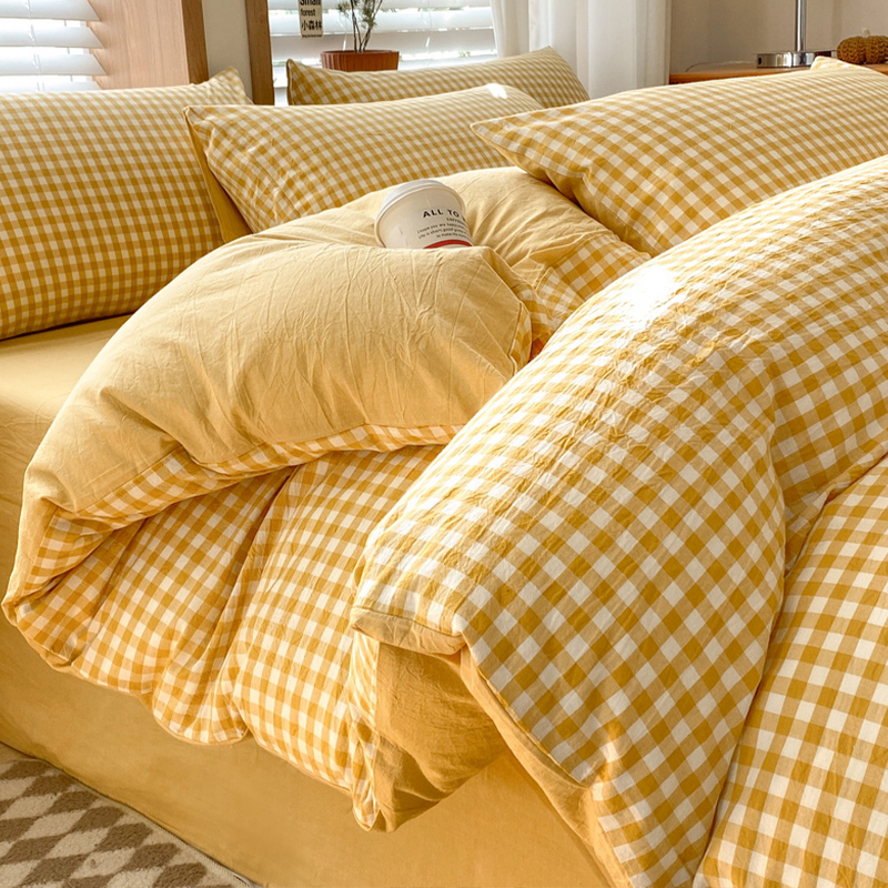 水洗棉床上四件套纯棉全棉100简约格子床单被套罩宿舍三件套床品4