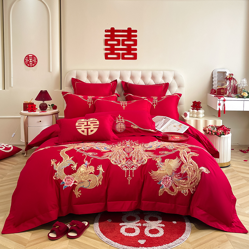床上四件套龙凤刺绣棉制婚庆四件套大红色被套结婚床品婚房布置