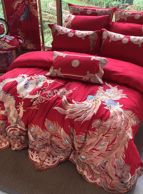 中式传统龙凤婚庆四件套大红色纯棉刺绣结婚长绒全棉被套床上用品