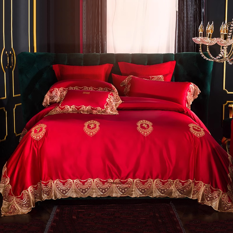 高端简奢新品中欧式婚庆八件套 高精密贡缎刺绣大红结婚床上用品