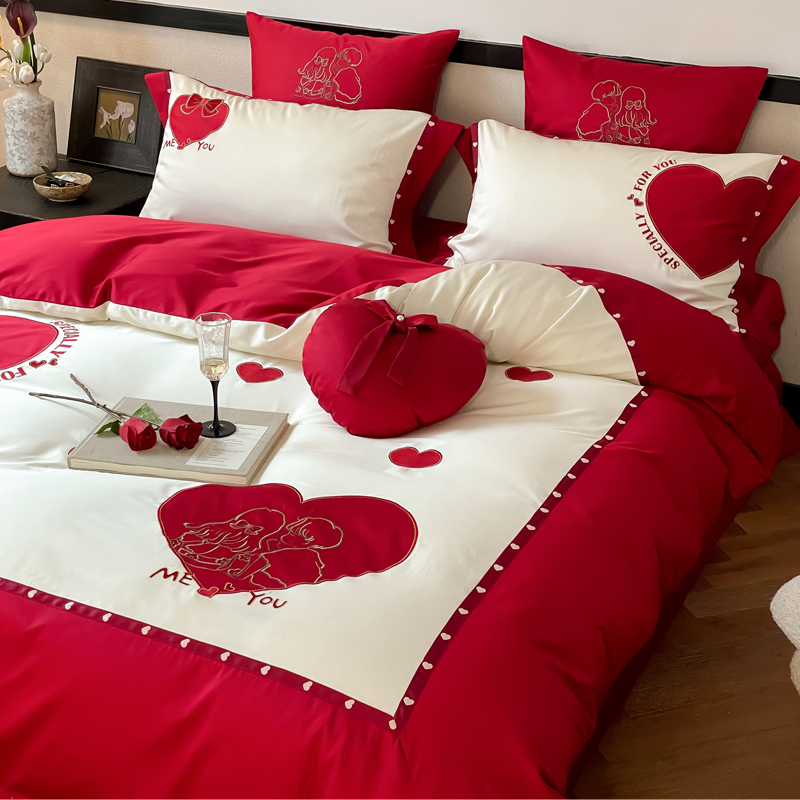 120支长绒棉结婚四件套大红色全棉婚庆喜被纯棉床单被套床上用品