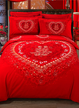 全棉活性磨毛四件套双人被套纯棉婚庆大红结婚新婚床上用品家纺