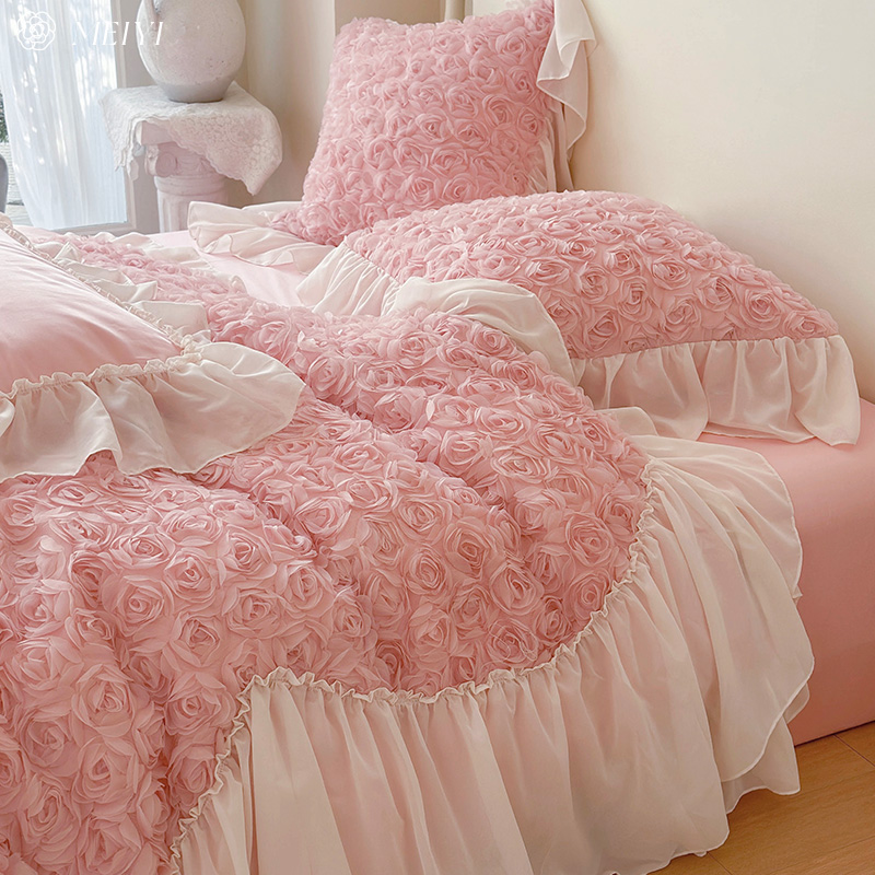 立体蕾丝玫瑰花100S全棉床单四件套纯棉被套罩公主风法式床上用品