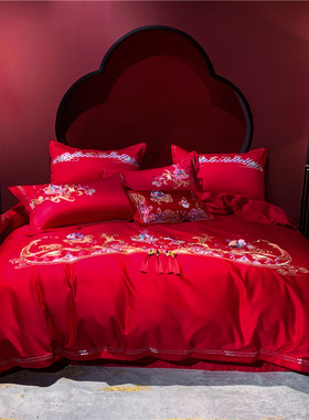 高端100支新疆棉中式红色刺绣全棉被套床上四六件套喜被被罩陪嫁
