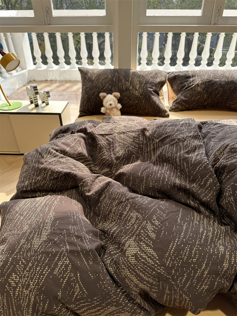 欧式水洗棉提花网目墨恋咖金床上四件套1.5m1.8米被套床单三件套