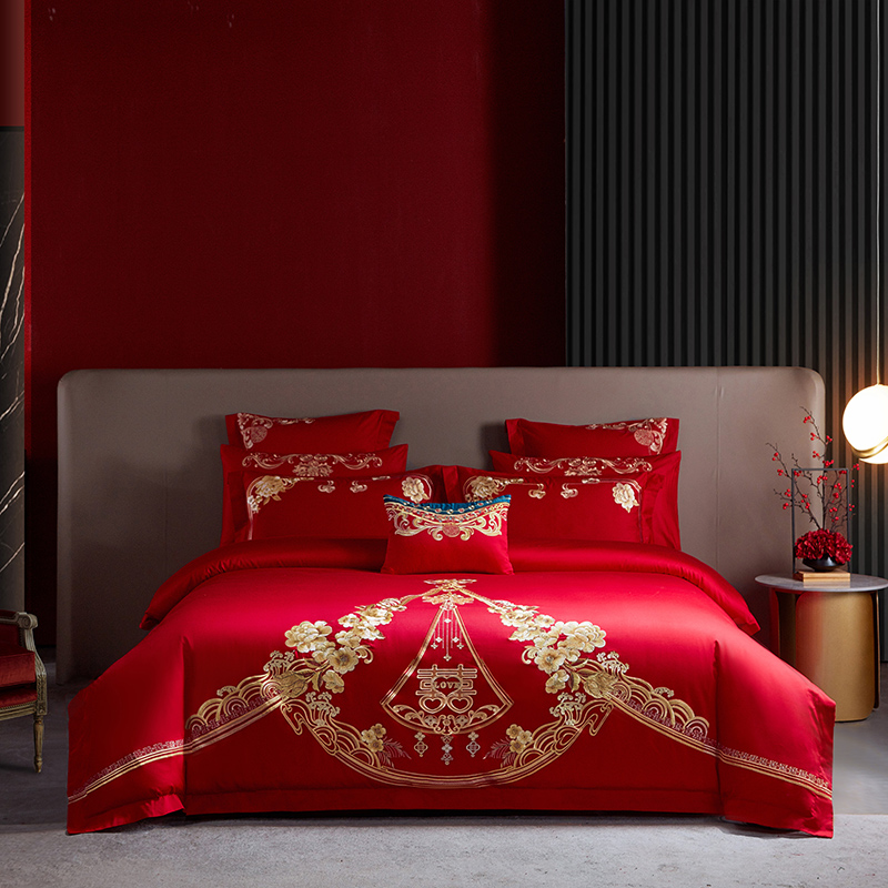 中式婚庆床品四件套大红色双喜刺绣全棉60支长绒棉结婚被套床单