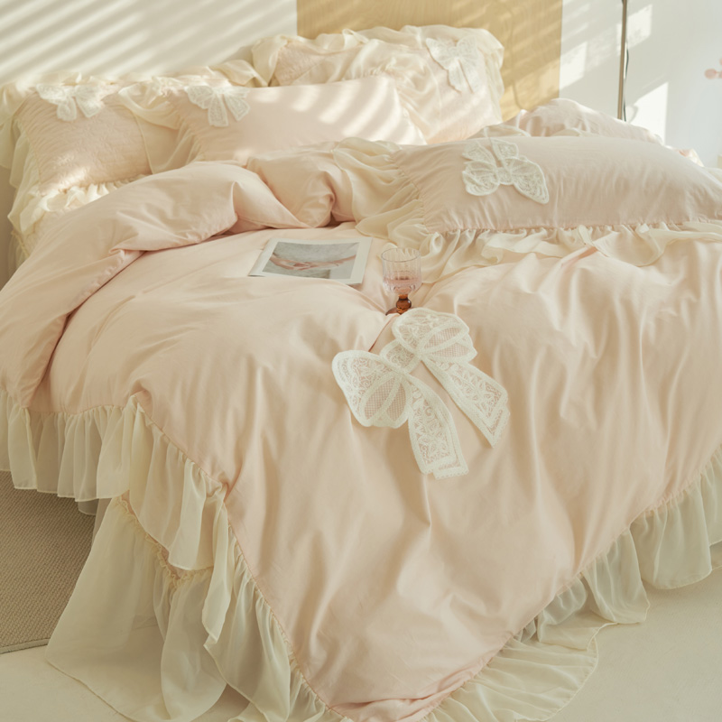 韩式公主风床上四件套夹棉床盖款四季通用少女心蕾丝花边被套床单