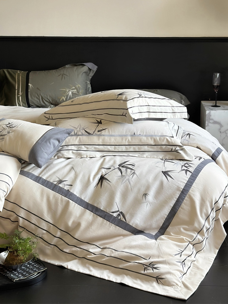 秋冬加厚全棉磨毛床单四件套新中式竹子数码印花被套轻奢床上用品