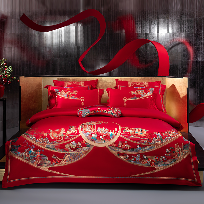 思辰家纺婚庆四件套大红色百子图喜被高档婚房结婚十件套床上用品