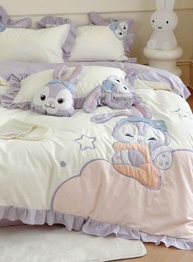 星戴兔卡通刺绣纯棉四件套全棉被套床单床笠4件套单人床3件套床单