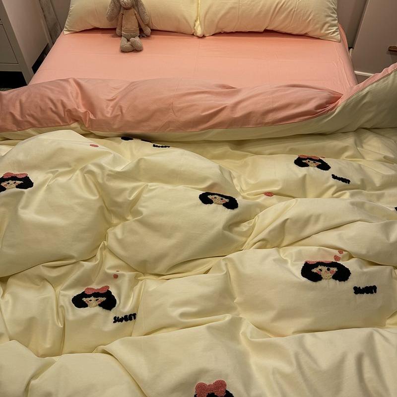 ins小女孩粉色毛巾绣全棉床上四件套纯棉公寓被套床单宿舍三件套