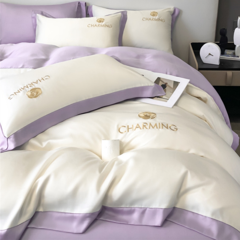紫色山茶花高端冰丝床单四件套水洗真丝套件裸睡夏季轻奢被套床笠