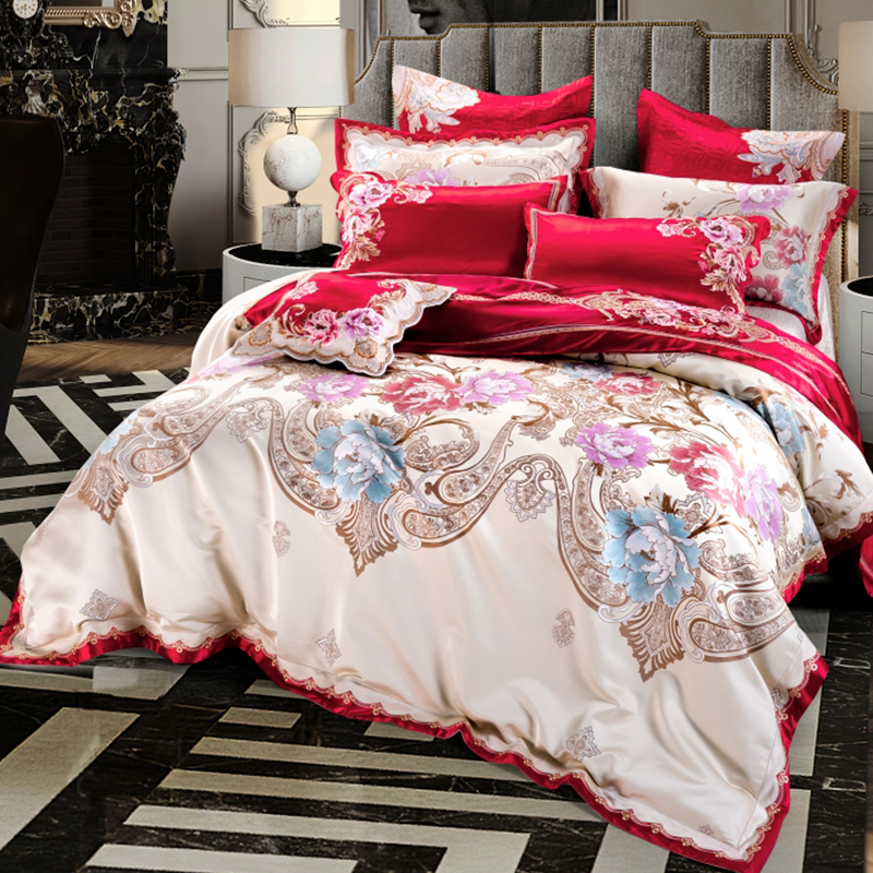 豪华欧式床上用品四件套美式婚庆十件套大红刺绣六八件套结婚床品