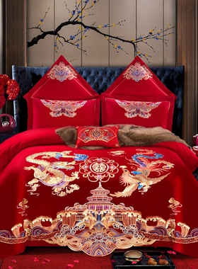 婚庆四件套大红色刺绣纯棉龙凤结婚六十件套全棉新婚被房床上用品