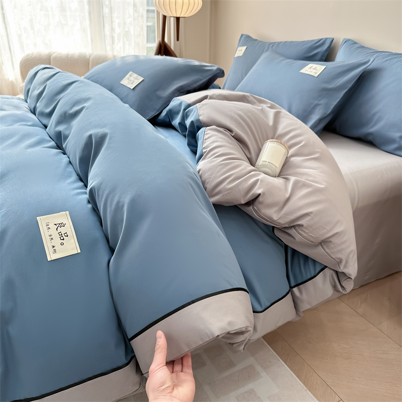 轻奢优品全棉纯色双拼简约四件套纯棉被套床上用品床单床笠1.8米4