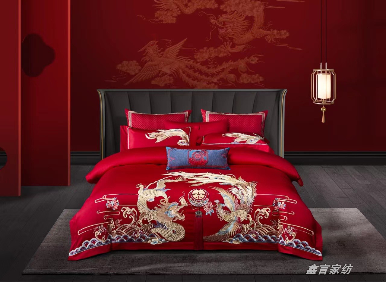 专柜正品长绒棉刺绣四件套160支贡缎红色床单奢华高端婚庆床品