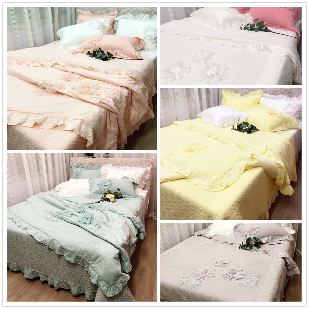 韩国100支纯棉细纱抗菌立体盘花绗缝砂洗多用被床盖枕套四件套