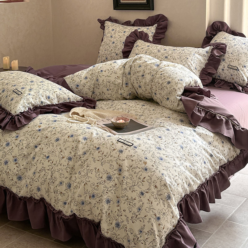 法式花卉全棉床单四件套复古风浪漫印染褶皱花边纯棉被套床上用品