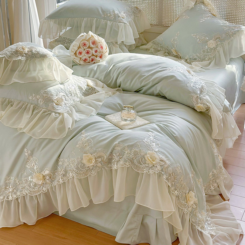 法式公主风140S长绒棉纯棉四件套全棉花卉蕾丝刺绣被套床上用品