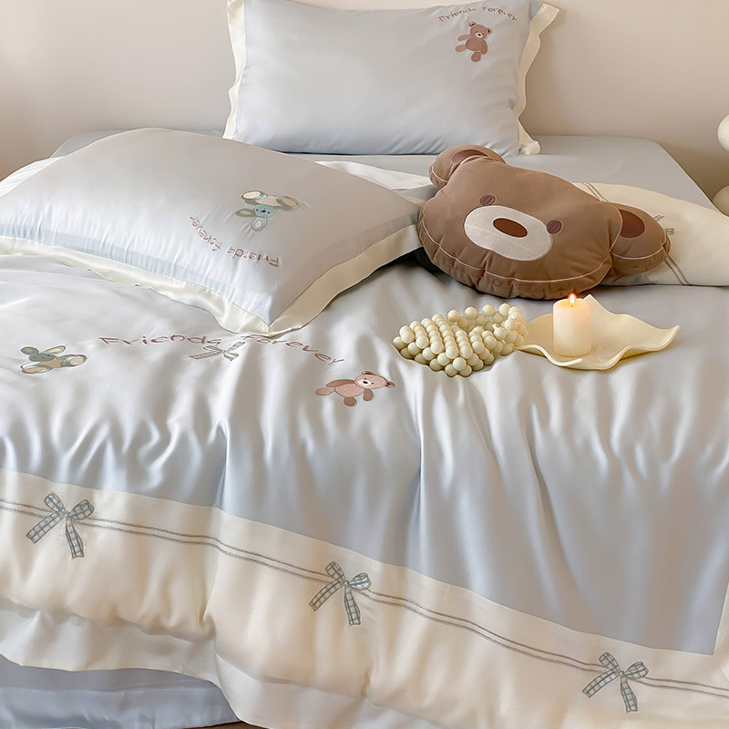 卡通风小熊80S双面天丝四件套凉感可爱刺绣丝滑被套床上用品1.8m
